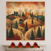 Charming Folk Art Christmas Village with Rolling Hills, Deer, Decorated Trees, and Cozy Homes at Sunset on Ready to Hang 1.5" Thick Canvas Wrap, Floating Framed Canvas, Flat Rolled Canvas